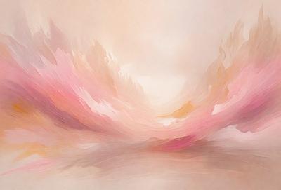 The primary subject of the image is a painting of a mountainous landscape. The setting is a mountainous area with a pinkish hue. The visual style is a painting, and the colors and mood are predominantly pink and warm.