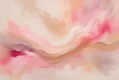The primary subject of the image is a painting of a colorful, abstract landscape. The setting is a white background, which provides a clean and minimalist appearance. The visual style is a combination of digital art and illustration, creating a unique and artistic representation of the landscape. The dominant colors in the painting are pink, orange, and yellow, which evoke a sense of warmth and vibrancy. Overall, the painting conveys a sense of beauty and creativity.