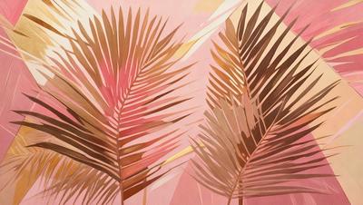 The primary subject of the image is a close-up of two palm fronds, which are the main objects in the scene. The setting is a pink background, which adds a vibrant and warm atmosphere to the image. The visual style is a combination of a photo and a digital art, creating a unique and artistic representation of the palm fronds. The colors and mood of the image are predominantly pink, which gives it a soft and inviting feel.
