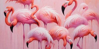 The primary subject of the image is a group of pink flamingos. They are depicted in various positions, with some standing and others sitting. The setting is a pink background, which adds to the overall mood of the scene. The visual style is a combination of digital art and illustration, creating a vibrant and lively atmosphere. The dominant colors are pink and white, which are prevalent in the flamingos and the background.