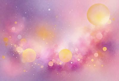 The primary subject of the image is a purple and pink background with a few yellow circles scattered throughout. The setting appears to be a space-themed environment, possibly a galaxy or a nebula. The visual style of the image is a combination of digital art and illustration, creating a vibrant and colorful atmosphere. The dominant colors in the image are purple, pink, and yellow, giving the scene a warm and inviting mood.