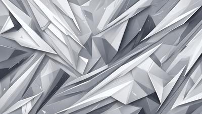 The primary subject of the image is a large, intricate, and geometric design made up of various triangles. The setting is a white background, which provides a clean and minimalist appearance. The visual style is a combination of digital art and illustration, creating a unique and eye-catching pattern. The dominant colors are white and gray, giving the design a modern and sophisticated feel.