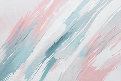 The primary subject of the image is a painting or artwork featuring a colorful, abstract design. The setting is a white wall, and the visual style appears to be a combination of digital art and illustration. The colors and mood of the painting are vibrant and lively, with a mix of pink, blue, and white hues.