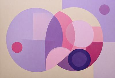 The primary subject of the image is a purple and pink geometric artwork. The setting is a white background, and the visual style appears to be a combination of digital art and illustration. The dominant colors in the artwork are purple and pink, creating a warm and inviting atmosphere.