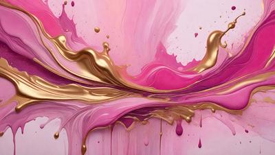 The primary subject of the image is a painting of a pink and gold swirl. The setting is a canvas, and the visual style is a painting. The dominant colors are pink and gold, creating a warm and vibrant atmosphere.