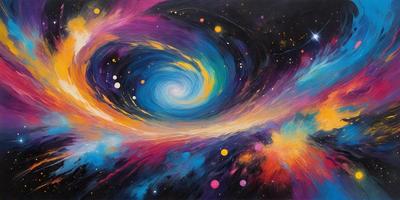 The primary subject of the image is a colorful spiral, which appears to be a painting or digital art. The spiral is set against a purple and blue background, creating a vibrant and lively atmosphere. The visual style of the image suggests that it is a painting or digital artwork, rather than a photo or illustration. The dominant colors in the image are purple, blue, and orange, which contribute to the spiral's vivid and dynamic appearance.