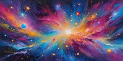 The primary subject of the image is a vibrant, colorful, and abstract painting of a starry sky. The setting is a space filled with stars, creating a sense of depth and wonder. The visual style is a mix of digital art and illustration, with a focus on vivid colors and a dynamic composition. The dominant colors in the painting are blue, purple, and orange, creating a lively and energetic atmosphere.