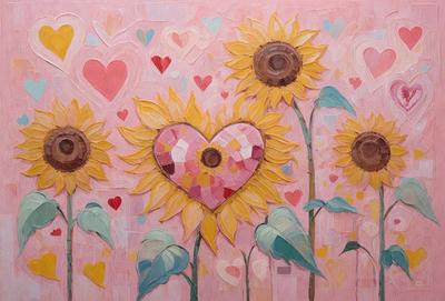 The primary subject of the image is a heart-shaped sunflower, which is the focal point of the scene. The setting is a pink background, which adds a warm and vibrant atmosphere to the image. The visual style is a combination of digital art and illustration, creating a unique and artistic representation of the heart-shaped sunflower. The colors and mood of the image are predominantly pink, which symbolizes love and affection, and the sunflower adds a touch of warmth