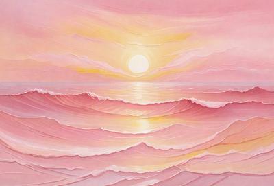 The primary subject of the image is a beautiful sunset over the ocean. The setting is a serene beach with the sun shining brightly in the sky. The visual style is a combination of digital art and illustration, creating a vibrant and captivating scene. The colors and mood of the image are predominantly warm and inviting, with the sunset casting a warm glow over the ocean and the beach.