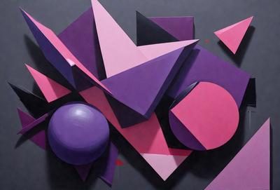 The primary subject of the image is a purple and pink geometric artwork. The setting is a black background, which contrasts with the vibrant colors of the artwork. The visual style appears to be a combination of digital art and illustration, creating a unique and eye-catching design. The dominant colors in the artwork are purple and pink, which evoke a sense of creativity and playfulness.