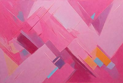 The primary subject of the image is a large, colorful painting featuring a pink background with various shapes and colors. The setting is a gallery or exhibition space, showcasing the artwork. The visual style is a combination of digital art and illustration, creating a vibrant and dynamic display. The dominant colors are pink and purple, giving the painting a warm and inviting atmosphere.