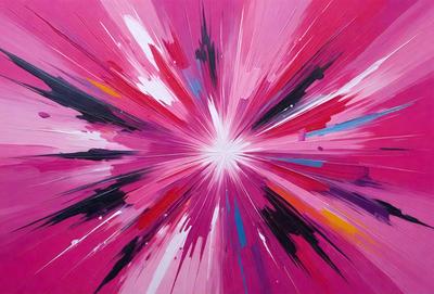 The primary subject of the image is a bright pink and purple artwork, which appears to be a painting or a digital art piece. The setting is a pink background, and the visual style is a mix of digital art and illustration. The colors and mood of the image are vibrant and energetic, with the pink and purple hues creating a lively atmosphere.