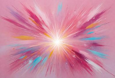The primary subject of the image is a bright, colorful explosion, which appears to be a painting or digital art. The setting is a pink background, which adds to the vibrant atmosphere of the scene. The visual style is a mix of digital art and painting, creating a unique and eye-catching piece. The colors and mood are predominantly pink and bright, giving the image a lively and energetic feel.
