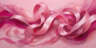 The primary subject of the image is a pink ribbon, which is the main object, scene, or focus of the image. The ribbon is wavy and appears to be curled up. The setting is a pink background, which complements the color of the ribbon. The visual style of the image is a painting, as it is a detailed and artistic representation of the pink ribbon. The colors and mood of the image are predominantly pink, creating a warm and inviting atmosphere.
