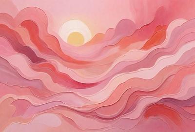The primary subject of the image is a sunset, with the sun setting in the background. The setting is a pink sky, which creates a warm and serene atmosphere. The visual style of the image is a painting, which adds a sense of artistic expression and creativity to the scene. The colors and mood of the painting are predominantly pink, which evokes feelings of warmth, love, and tranquility.