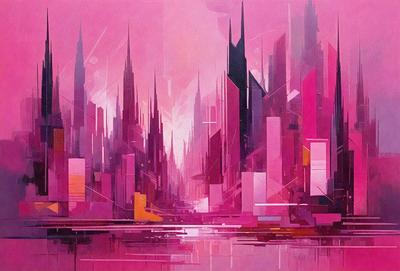 The primary subject of the image is a futuristic cityscape with tall buildings and a large body of water. The setting is a pink city with a pink sky, creating a unique and vibrant atmosphere. The visual style is a combination of digital art and illustration, giving the scene a surreal and dreamlike quality. The dominant colors are pink and purple, which contribute to the overall mood of the image, evoking a sense of wonder and imagination.