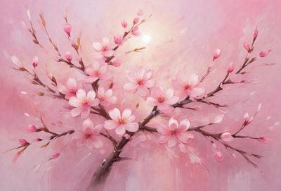 The primary subject of the image is a tree filled with pink flowers. The tree is located in a pink-colored environment, which adds to the overall atmosphere of the scene. The visual style of the image is a painting, which showcases the artist's skill in capturing the beauty of the tree and its flowers. The colors and mood of the painting are predominantly pink, creating a warm and inviting atmosphere.