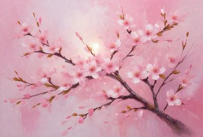 The primary subject of the image is a tree filled with pink flowers. The tree is located in a pink-colored environment, which adds to the overall mood of the scene. The visual style of the image is a painting, with the artist's brushstrokes visible in the details of the flowers and branches. The colors and mood of the painting are predominantly pink, creating a warm and inviting atmosphere.
