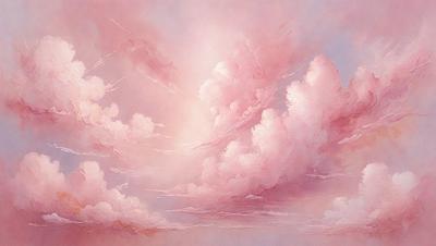 The primary subject of the image is a pink cloud in a pink sky. The setting is a cloudy sky, and the visual style is a painting or drawing. The colors and mood of the image are predominantly pink, creating a warm and inviting atmosphere.