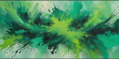 The primary subject of the image is a green and yellow painting, which features a large, brightly colored splash of paint. The setting is a canvas, and the visual style is a painting. The dominant colors in the painting are green and yellow, creating a lively and vibrant atmosphere.