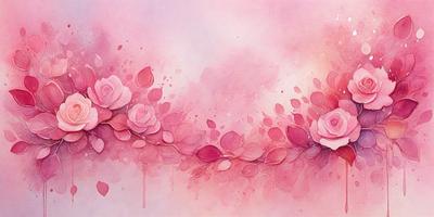 The primary subject of the image is a painting of a pink flower. The setting is a pink background, and the visual style is a watercolor painting. The dominant colors are pink and red, creating a warm and vibrant atmosphere.