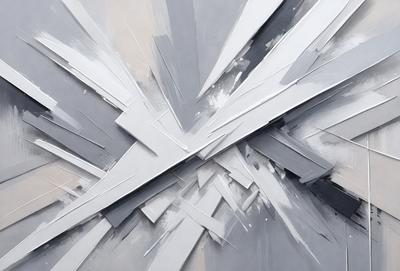 The primary subject of the image is a large, abstract painting featuring a white and gray color scheme. The painting is displayed on a wall, and it appears to be a modern art piece. The setting is indoors, and the visual style is a combination of digital art and illustration. The colors and mood of the painting are predominantly white and gray, creating a clean and minimalist atmosphere.