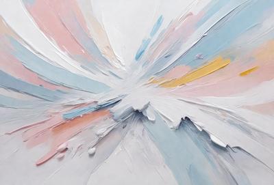 The primary subject of the image is a painting, which features a white background and a variety of colors. The painting appears to be a mix of different colors and textures, creating a visually interesting and dynamic piece of art. The setting or background of the image is a white wall, which provides a clean and uncluttered backdrop for the painting. The visual style of the image is a combination of digital art and traditional painting techniques, resulting in a unique and captivating piece of art. The colors and mood of the painting