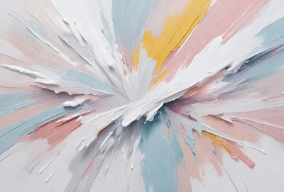 The primary subject of the image is a painting, which features a white background with a variety of colors and patterns. The painting appears to be a mix of different styles, creating a unique and visually interesting piece. The setting or background of the image is a white surface, which provides a clean and uncluttered backdrop for the painting. The visual style of the image is a combination of digital art and traditional painting techniques, resulting in a blend of both worlds. The colors and mood of the painting are vibrant and