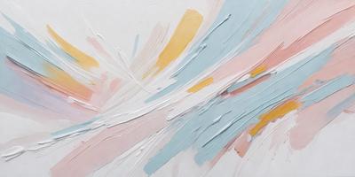 The primary subject of the image is a painting or drawing of a colorful, abstract design. The setting is a white background, which provides a clean and uncluttered appearance. The visual style is a combination of digital art and illustration, as the colors and patterns are vibrant and eye-catching. The dominant colors are pink, blue, yellow, and white, creating a lively and cheerful atmosphere.