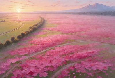 The primary subject of the image is a field of flowers, predominantly pink, with a few red flowers scattered throughout. The setting is a grassy area with a mountain in the background. The visual style is a combination of photo and digital art, creating a vibrant and lively atmosphere. The colors and mood of the image are predominantly warm and inviting, with the pink flowers adding a touch of softness to the scene.