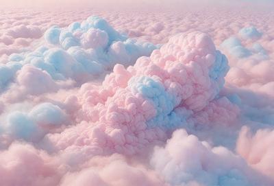 The primary subject of the image is a large, pink, white, and blue cloud. The cloud is floating in a pink and white sky, creating a visually striking scene. The setting appears to be a whimsical, dreamy atmosphere, with the cloud resembling cotton candy. The visual style of the image is a combination of photo and digital art, creating a unique and artistic representation of the cloud. The colors and mood of the image are predominantly pink and white, evoking a sense