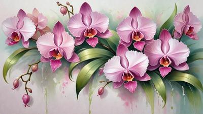 The primary subject of the image is a bouquet of pink orchids. The orchids are arranged in a vase, creating a beautiful and elegant display. The setting is a painting, which showcases the orchids in a visually appealing manner. The visual style is artistic, with the artist skillfully capturing the beauty of the orchids. The colors and mood of the painting are predominantly pink, which adds a sense of warmth and femininity to the scene.
