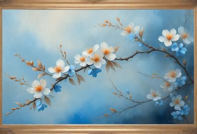 The primary subject of the image is a painting of a tree with white flowers. The tree is filled with white flowers, and the painting is set against a blue background. The visual style of the painting is a combination of digital art and illustration, creating a vibrant and lively atmosphere. The dominant colors in the painting are white and blue, which contribute to the overall mood of the scene.