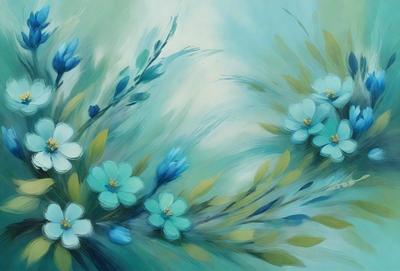 The primary subject of the image is a painting of a flower arrangement. The setting is a blue background, which adds a calming and serene atmosphere to the scene. The visual style is a combination of digital art and illustration, creating a vibrant and detailed representation of the flowers. The colors are predominantly blue, with some white and yellow accents, giving the painting a peaceful and soothing mood.