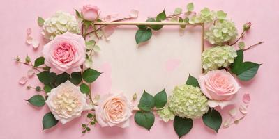 The primary subject of the image is a picture frame with a pink background. The frame is adorned with a variety of flowers, including pink and white roses, and greenery. The setting is a pink background, which creates a warm and inviting atmosphere. The visual style of the image is a combination of photo and digital art, as it appears to be a photograph of a painting or digital artwork. The colors and mood of the image are predominantly pink and warm, creating a sense of love and