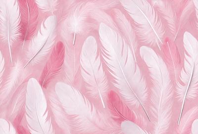The primary subject of the image is a pattern of pink feathers, which are the main objects in the scene. The setting is a pink background, and the visual style appears to be a combination of photo and digital art. The dominant colors in the image are pink and white, creating a warm and inviting atmosphere.
