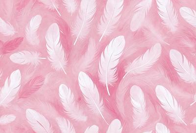 The primary subject of the image is a pattern of pink feathers, which are the main objects in the scene. The setting is a pink background, and the visual style appears to be a combination of a photo and digital art. The dominant colors in the image are pink and white, creating a warm and inviting atmosphere.