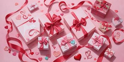 The primary subject of the image is a collection of pink and red gift boxes, each containing a heart-shaped ribbon. The setting is a pink background, which adds to the overall mood of the scene. The visual style is a combination of digital art and illustration, creating a vibrant and colorful presentation. The colors and mood of the image are predominantly pink and red, evoking feelings of love and warmth.