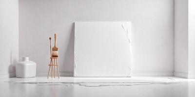 The primary subject of the image is a wooden chair with a painting frame on it. The chair is placed on a white floor, which serves as the setting for the scene. The visual style of the image is a combination of photo and digital art, creating a unique and artistic atmosphere. The colors and mood of the image are predominantly white, giving it a clean and minimalist appearance.