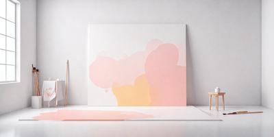 The primary subject of the image is a piece of artwork, which is a painting or a drawing. The setting is a white wall, and the visual style appears to be a combination of digital art and illustration. The colors and mood of the image are predominantly pink and yellow, creating a warm and inviting atmosphere.
