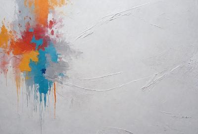 The primary subject of the image is a large, colorful painting on a white wall. The painting features a mix of colors, including blue, orange, and yellow, creating a vibrant and lively atmosphere. The setting is a white wall, which serves as a clean and neutral backdrop for the painting. The visual style of the image is a combination of artistic expression and digital art, as it appears to be a digital painting or illustration. The colors and mood of the painting evoke a sense of energy and creativity