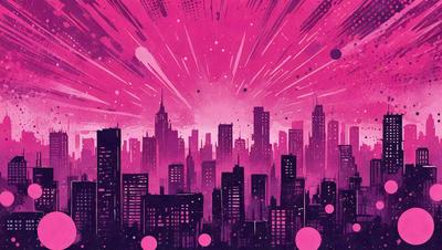 The primary subject of the image is a cityscape with a pink skyline. The setting is a city with tall buildings, and the visual style is a digital art or illustration. The colors and mood of the image are predominantly pink, creating a unique and vibrant atmosphere.