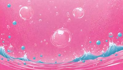 The primary subject of the image is a pink background with bubbles floating on it. The setting is a pink and blue ocean, with a few bubbles scattered throughout the scene. The visual style is a digital art or illustration, creating a vibrant and colorful atmosphere. The dominant colors are pink and blue, giving the image a lively and cheerful mood.