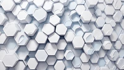 The primary subject of the image is a large, white, and blue wall with a pattern of white hexagons. The setting is a white room, and the visual style is a combination of photo and digital art. The dominant colors are white and blue, creating a clean and calming atmosphere.