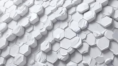 The primary subject of the image is a white, geometric pattern made up of hexagons. The setting is a white wall, and the visual style is a combination of photo and digital art. The dominant colors are white and gray, creating a clean and minimalist atmosphere.