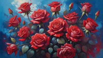 Primary subject: A bouquet of red roses.

Setting/background: A blue sky.

Visual style: Digital art.

Colors and mood: The roses are predominantly red, and the overall atmosphere is vibrant and lively.