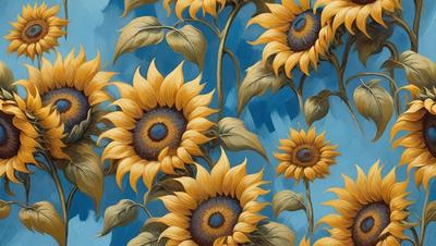 Primary subject: Sunflowers
Setting/background: A blue wall
Visual style: Digital art
Colors and mood: Yellow and orange, warm and vibrant