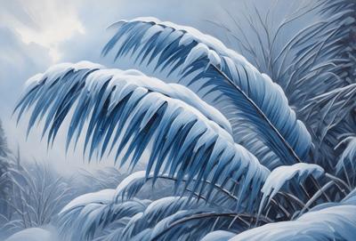 Primary subject: Snow-covered palm tree.

Setting/background: A snowy landscape with a palm tree.

Visual style: Digital art.

Colors and mood: The image is predominantly blue, with snow covering the palm tree, creating a serene and cold atmosphere.