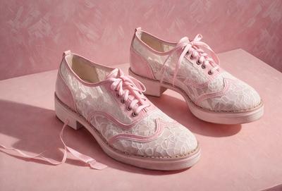 The primary subject of the image is a pair of white shoes with pink bows. The shoes are placed on a pink surface, which serves as the setting or background. The visual style of the image is a close-up of the shoes, showcasing their details and design. The colors and mood of the image are predominantly pink, creating a feminine and elegant atmosphere.