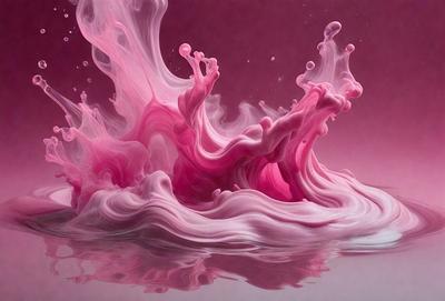 The primary subject of the image is a pink liquid, which appears to be a mixture of water and pink paint. The setting is a pink background, which creates a visually striking contrast with the liquid. The visual style of the image is a combination of photo and digital art, as it captures the fluid motion of the pink liquid. The colors and mood of the image are predominantly pink, creating a warm and vibrant atmosphere.